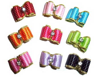 Puppy Dog Bows ~ 7/8" satin ditzy dots over gold pet hair show bow barrettes or bands (FB315)