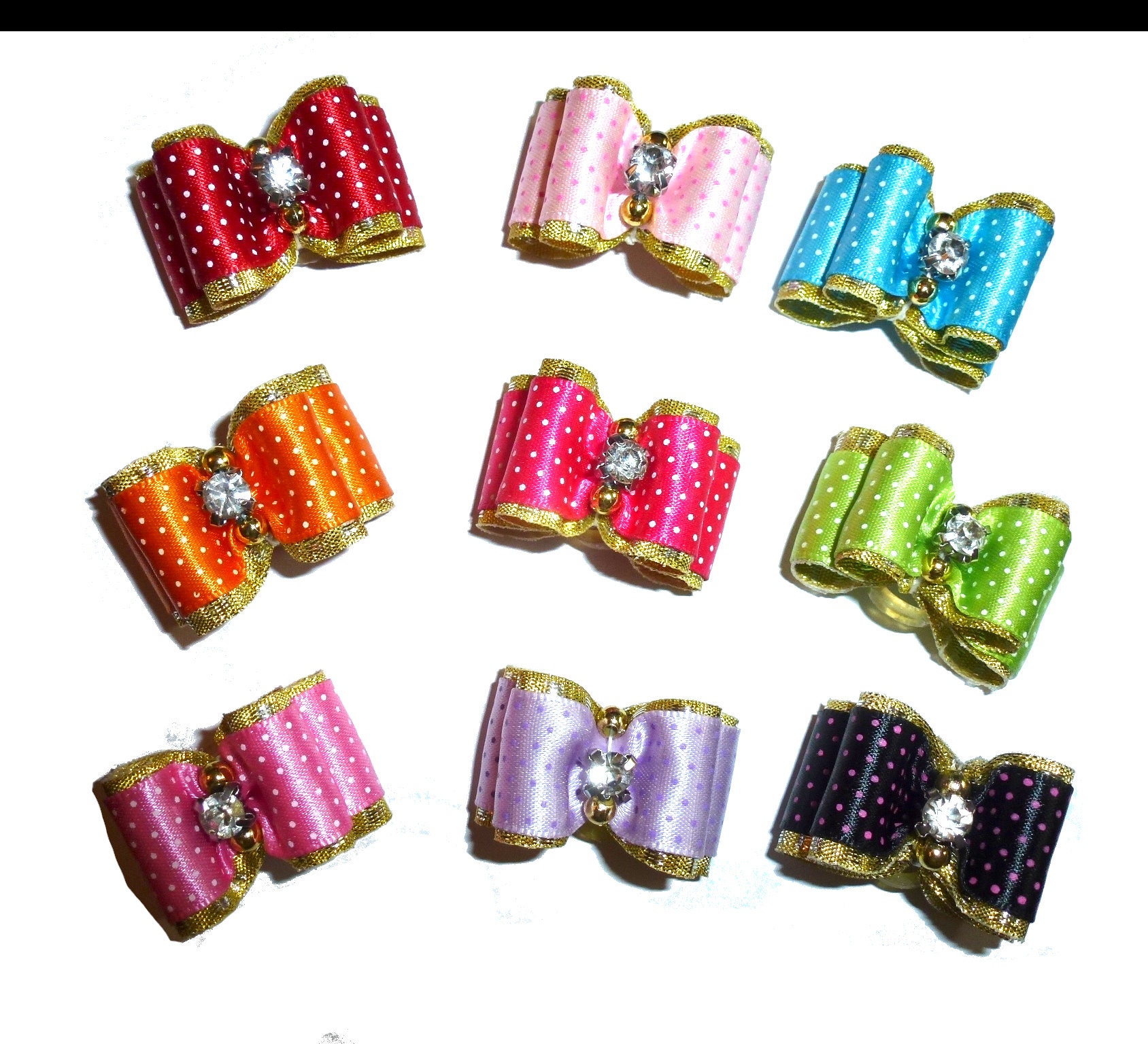 Puppy Dog Bows 7/8 satin ditzy dots over gold pet hair show bow