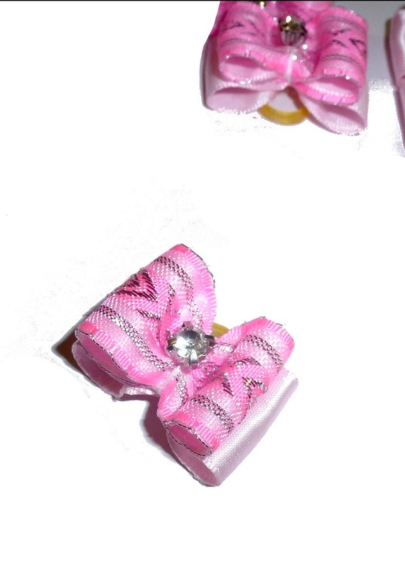 Puppy Dog Bows ~ 7/8" pink silver organza overlay pet hair show bow barrettes or bands (FB304)