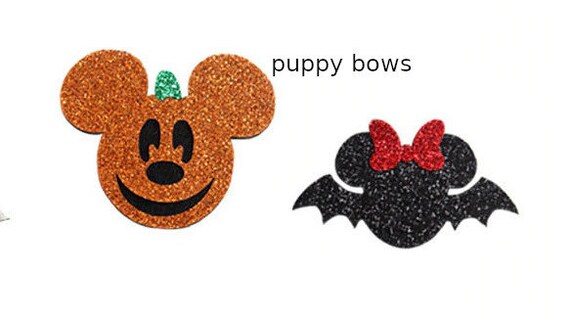 Puppy Dog Bows ~ SALE! Minnie Mouse Halloween bat red glitter bow or Mickey Mouse orange pumpkin pet hair bow barrettes or bands (fb128)