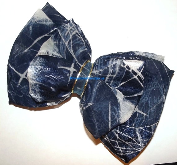 Becky Bows ~OOAK Barrette Hand crafted huge Scarf BIG hair bow Women or Girls giant NAVY gray