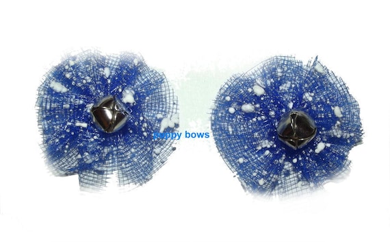 Puppy Bows ~ PAIR January snow bow JINGLE BELLS pet hair bow bands or barrette (fb70)