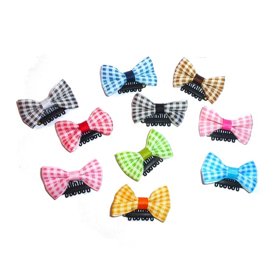 Puppy Bows ~  Gingham checks 10 tiny pet hair bows with snap comb clips attached (fb469)