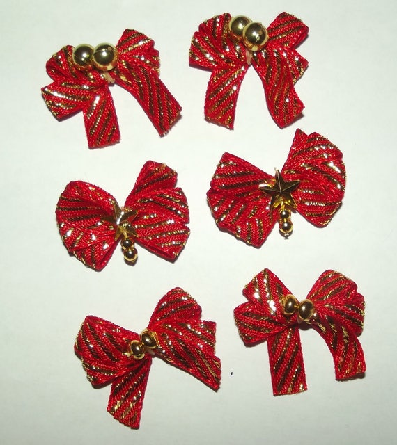 Puppy Bows ~6 red gold stripes EVERYDAY BOWS Yorkie Maltese Shih Tzu ~Usa seller (fb81)