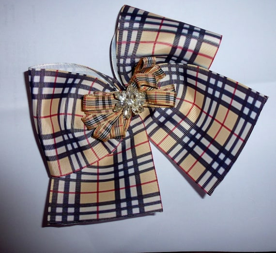 Becky Bows ~ Barrette ribbon Hand crafted oversized BIG hair bow Women or Girls TAN berry PLAID - cheerleader style rhinestone crystal