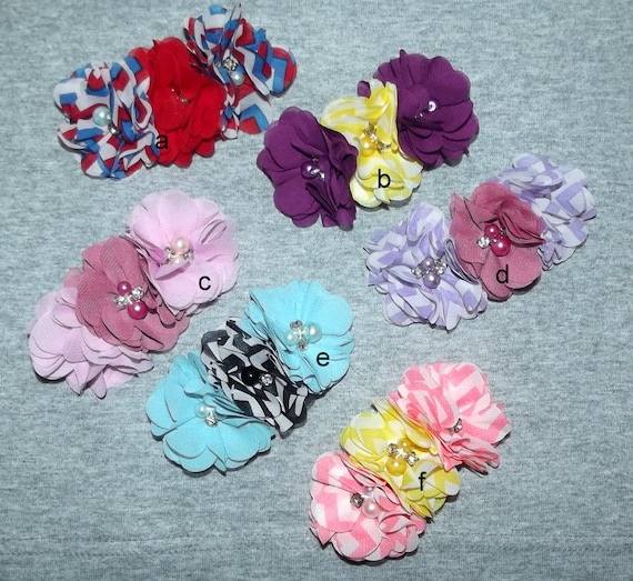 Puppy Bows ~Big Girl chiffon flowers attached to 3" french barrette pink blue purple red ~Usa seller (fb11)