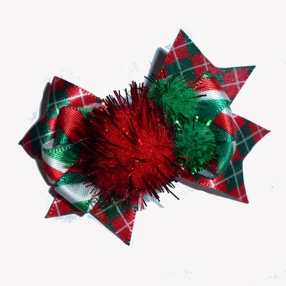 Puppy Bows ~ Christmas pom pom plaid green red latex bands or barrette (fb78)
