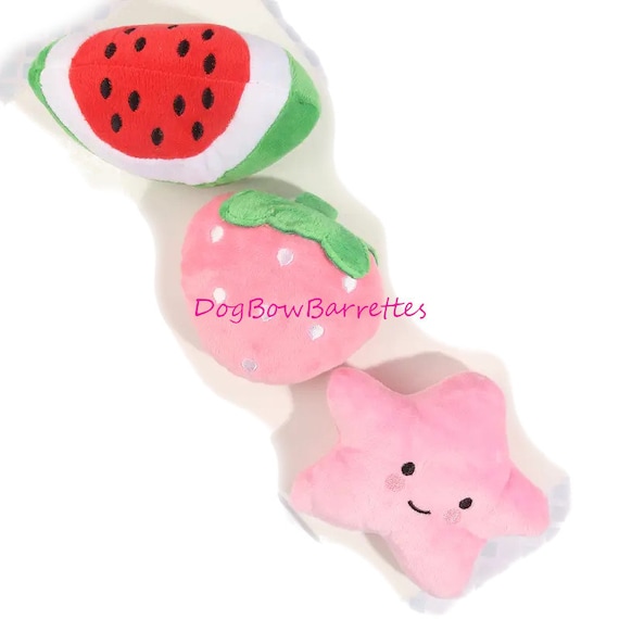 DogBowBarrettes 4" pink strawberry or watermelon plush stuffed squeaky dog toy  (to13)