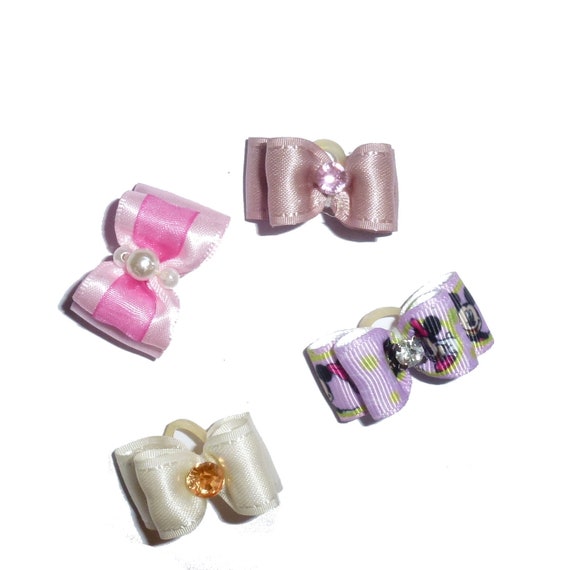 set4 Puppy Bows ~WEE TINY 38 show bows pairs dog bow pet hair clip barrette or latex bands
