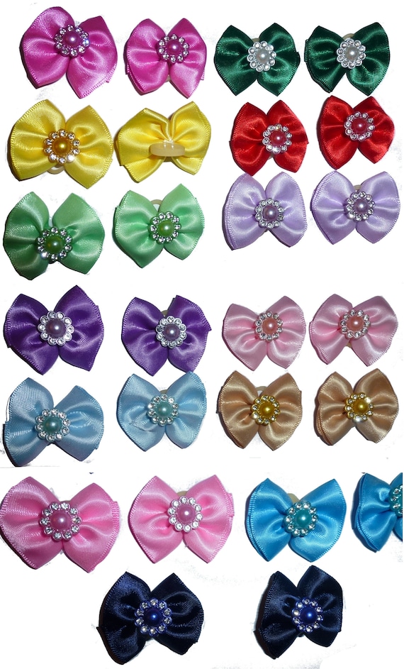 Satin hand sewn bow gemstone pearl centers  everyday dog groomers grooming pet hair bows (RC1)