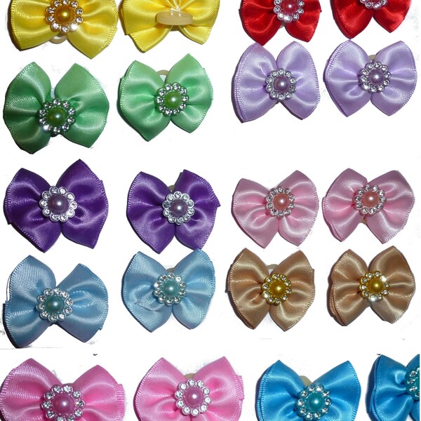 Satin hand sewn bow gemstone pearl centers  everyday dog groomers grooming pet hair bows (RC1)