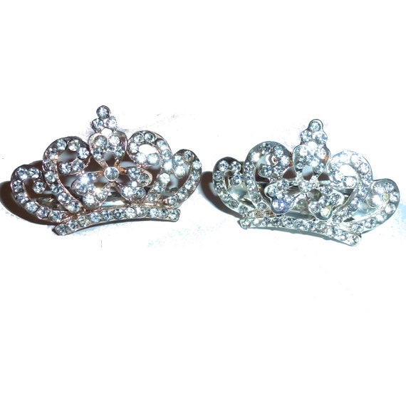 Dog hair rhinestone tiara crown one gold one silver 2" hair barrette bows (fb525)