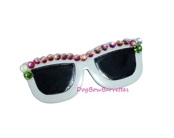 Puppy Bows ~ White rhinestone glasses Dog bow  sunglasses  pet hair barrette clip