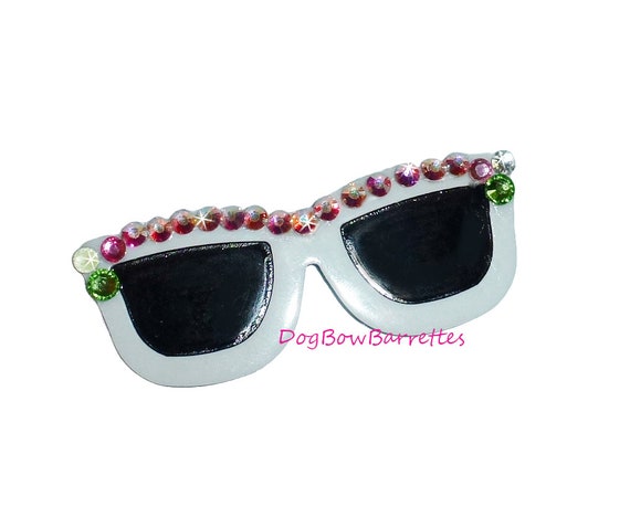 Puppy Bows ~ White rhinestone glasses Dog bow  sunglasses  pet hair barrette clip