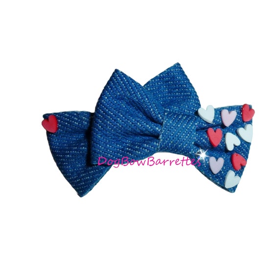 Puppy bows specialty double denim blue pet hair bow with tiny hearts barrette (fb107)