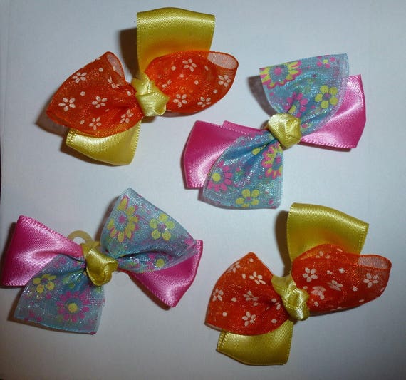 Puppy Bows ~ 4 pink/yellow/orange floral pet hair bow latex band ~Usa seller (fb92)