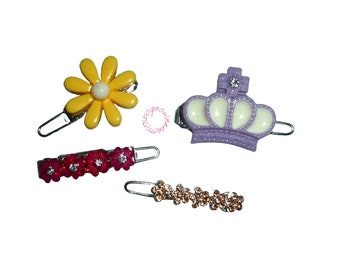 Puppy Bows ~ Set of 4 tiny rhinestone flower crown clips with metal hinge barrette clip (fb397b)