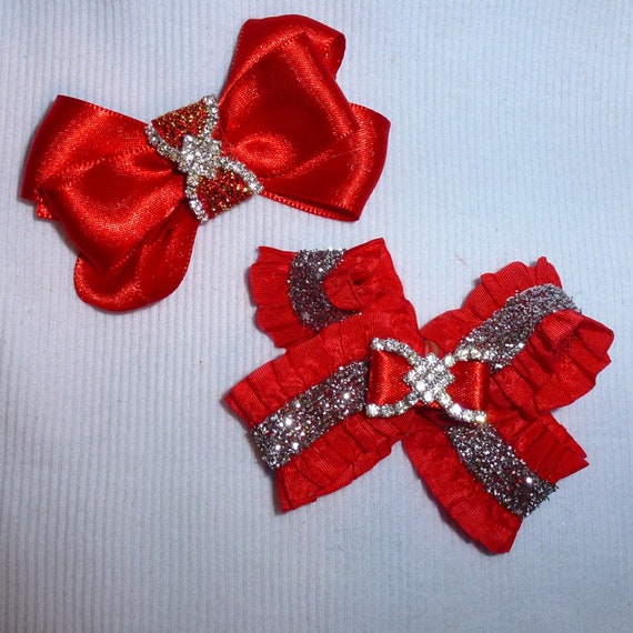 Puppy Bows ~Red silver gold dog pet hair bowknot bow bands or barrette (fb116)~USA seller