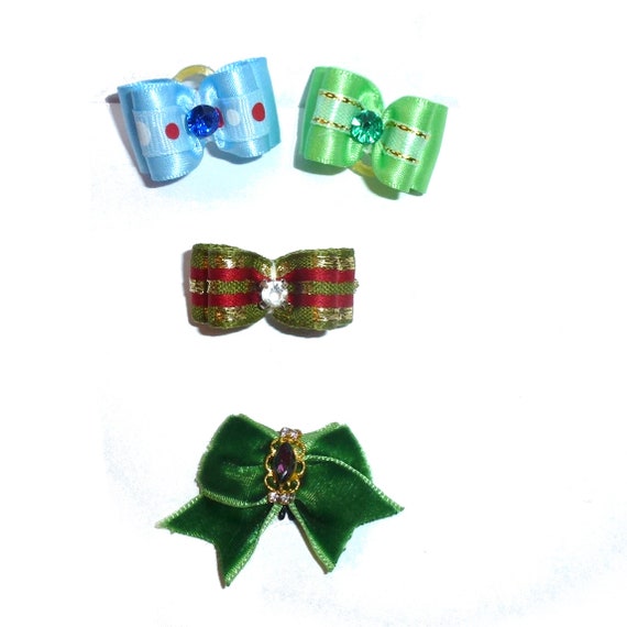 Dog hair small bows CLEARANCE pet grooming bow for boys blue green bands or barrette clip. (447)