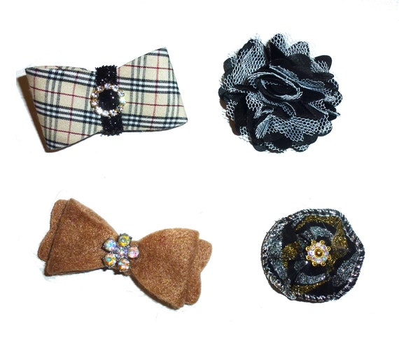 Dog hair small bows CLEARANCE pet grooming bow for boys brown black bands or barrette clip. (fb523A)