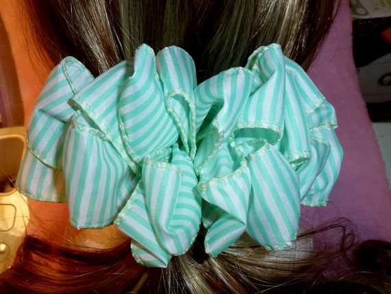 Becky Bows ~ Barrette ribbon Hand crafted oversized BIG hair bow Women or Girls green white stripes