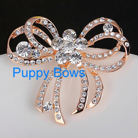 Puppy Bows ~Small GOLD rhinestone crystal double looped bowknot dog bow pet hair clip barrette