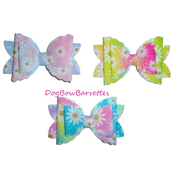 Daisy glitter BIG DOG glitter collar slide pet hair bow with plastic ball clip barrette or latex bands  (fb128)