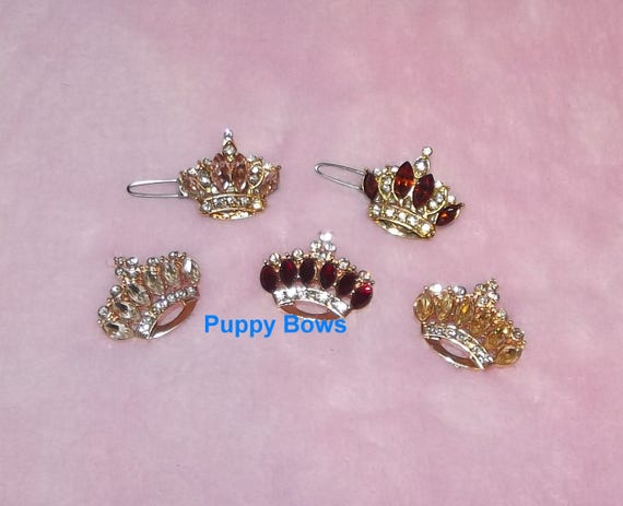 Puppy Bows ~ TINY 1" rhinestone crystal crown dog bow pet hair clip topknot barrette 3 colors!!
