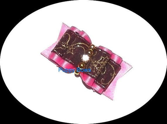 Puppy Bows ~Burgundy shocking pink gold scrollwork show dog bow Shih Tzu rhinestone centers ~USA seller (fb18)