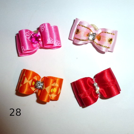 Puppy Dog Bows ~ 5/8" satin bowknot SET OF 4! girls pet hair show bow barrettes or bands (FB119)
