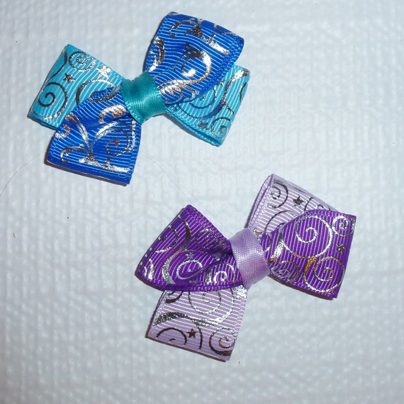 Puppy Bows ~Purple lilac royal blue teal silver twist dog pet hair bowknot bow bands or barrette or collar slide (fb119)~USA seller