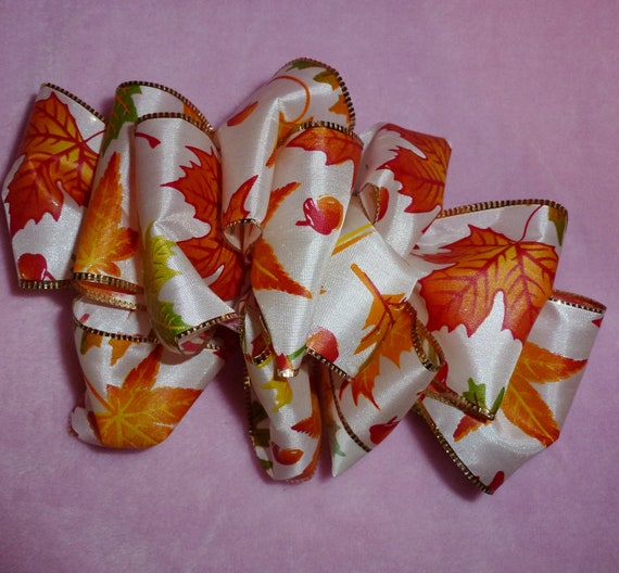 Becky Bows ~ Barrette ribbon Hand crafted over sized BIG hair bow Women or Girls Fall Autumn orange gold leaves