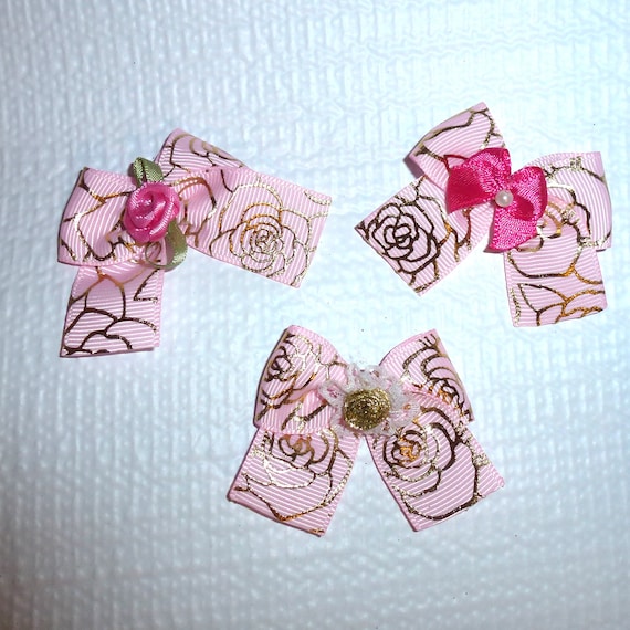 Puppy Bows THREE pink/gold everyday dog pet hair bowknot bow latex bands (fb118)~USA seller