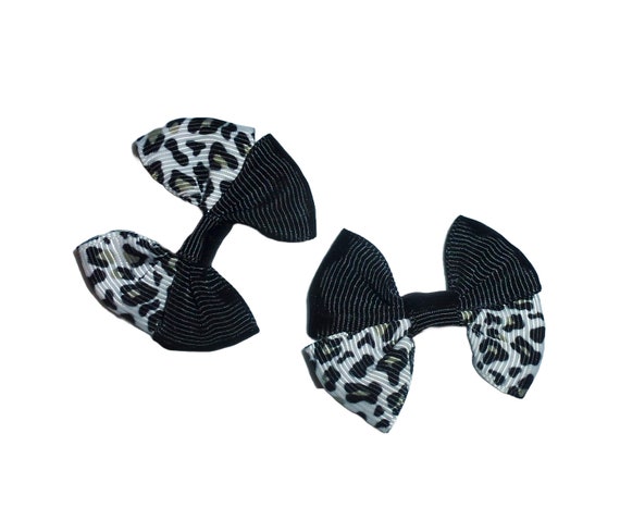 Puppy Bows ~  Black/white leopard print PAIR hair bows   barrette or bands pet dog bow (fb163F)