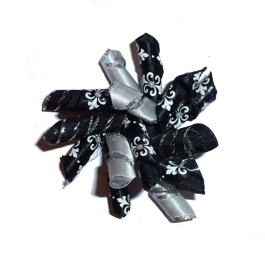 Puppy Bows ~Silver black fancy Korker loop dog bow pet hair clip barrette or latex bands fb120