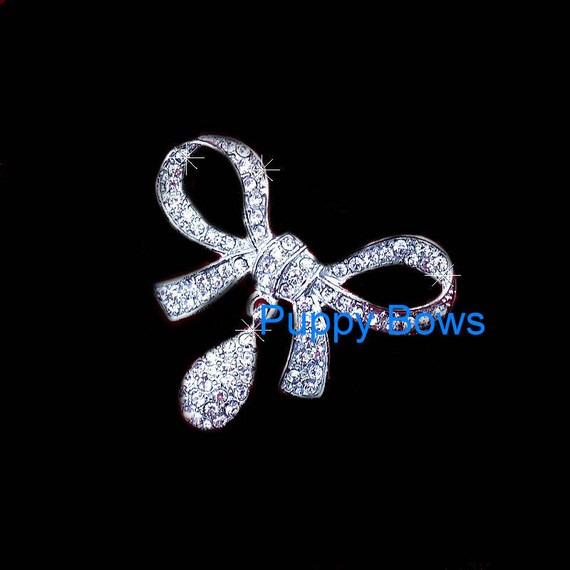 Puppy Bows ~ Silver crystal rhinestone dog BOW dangle teardrop barrette~ US Seller