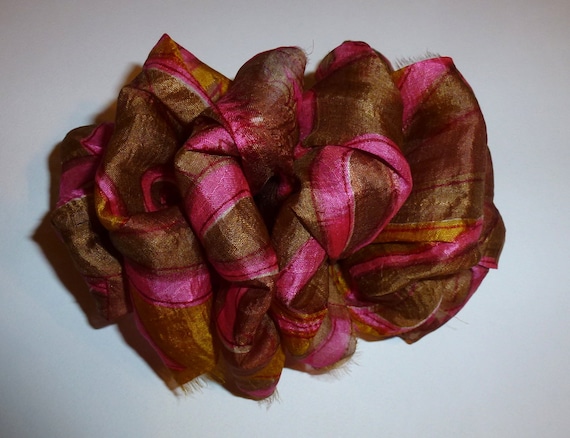 Becky Bows ~ OOAK ladies Hand crafted SILK shabby chic BIG fashion hair bow Women or Girls giant pink gold