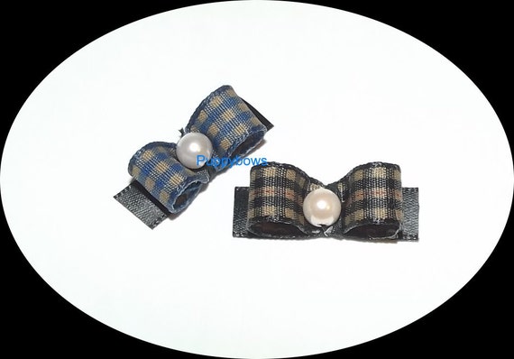 Puppy Bows ~BOYS gingham blue or brown bead center hair bow clip Yorkie barrette dog grooming