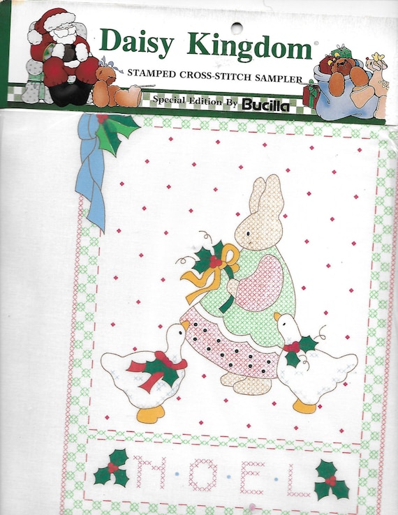 Puppy Bows ~ craft Buscilla Daisy Kingdom stamped cross stitch sampler 63445 Christmas noel bunny rabbit goose