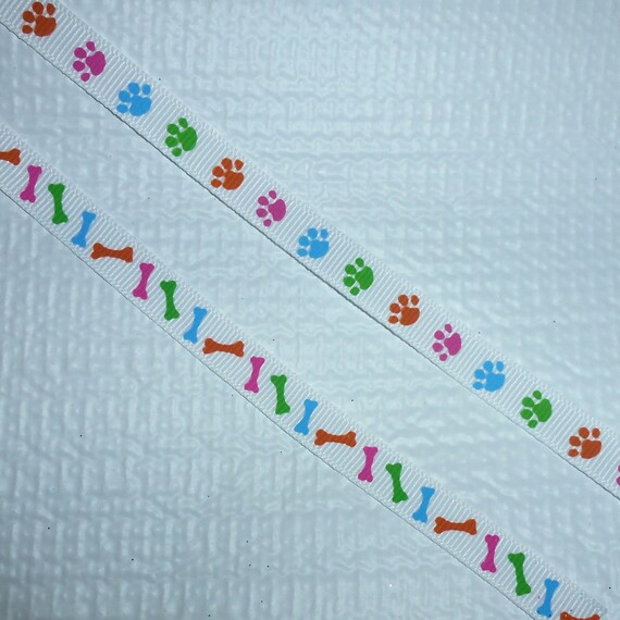 Puppy Bows ~ ribbon craft supplies 3/8" white multi color bone or dog paw print ~ US seller