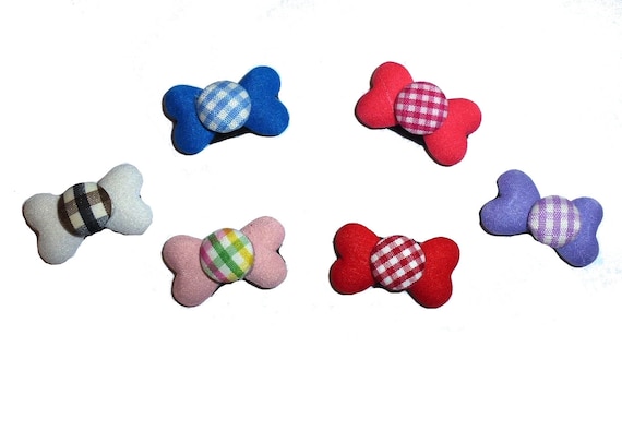 Dog bone hair clip gingham button center 6 colors! barrette  (fb238)