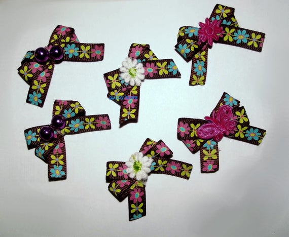 Puppy Bows ~6 brown floral daisy EVERYDAY BOWS Yorkie Maltese Shih Tzu ~Usa seller (fb81)