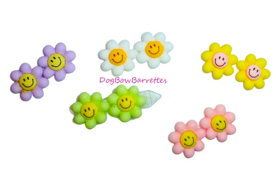 Puppy Dog Bows ~ Tiny happy smiley face daisy plastic puppy clips pet hair bow barrettes or bands (fb205G)