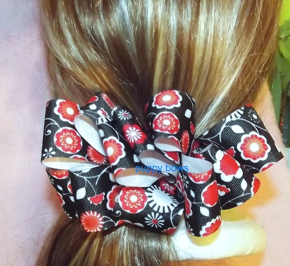 Becky Bows ~OOAK Barrette Hand crafted huge ribbon BIG hair bow Women or Girls giant red black white floral
