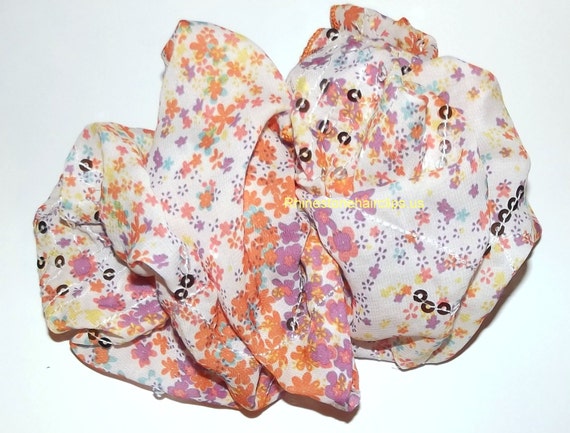 Becky Bows ~ Barrette rhinestones huge Scarf BIG hair bow Women or Girls giant orange/white floral