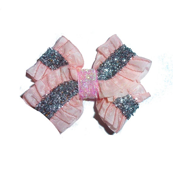 Puppy Bows ~ Peachy pink and silver ruffle pet hair bow  - (fb218)