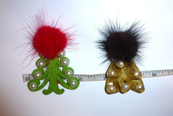 Puppy Dog Bows ~ Christmas tree green/red or gold/pearls marabou feather puff pet hair bow barrettes or bands (fb106)