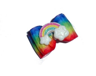 Puppy Dog Bows ~ 7/8" rainbow glitter clouds pet hair show bow barrettes or bands (FB122)