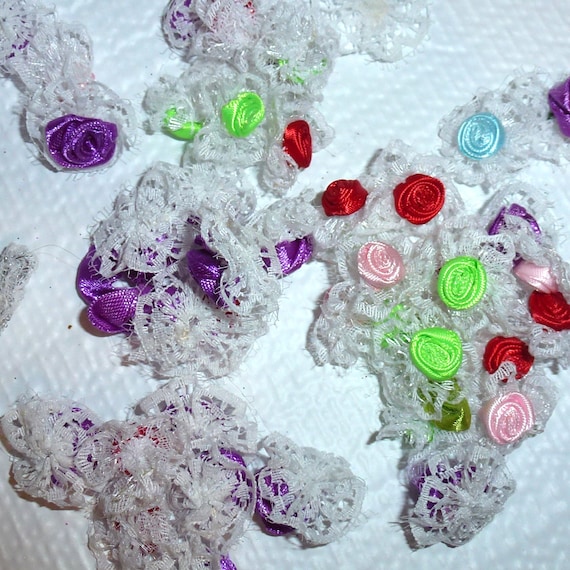 Puppy Bows craft items ~ 15 assorted purple red green ribbon rose flower appliques lace