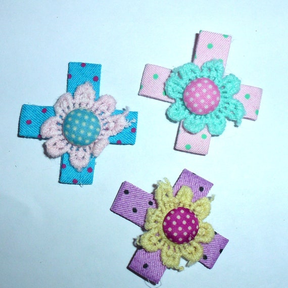 Puppy Bows craft items ~ 14 assorted pink blue purple lace daisy dot ribbon roses flower appliques